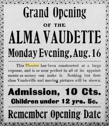 Regent Theater - 12 Aug 1909 - Alma Record